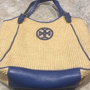 Tory Burch Tan and Blue Woven Tote
